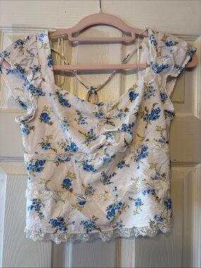 White Floral Lace-Trim Crop Top with Blue Bouquet Print